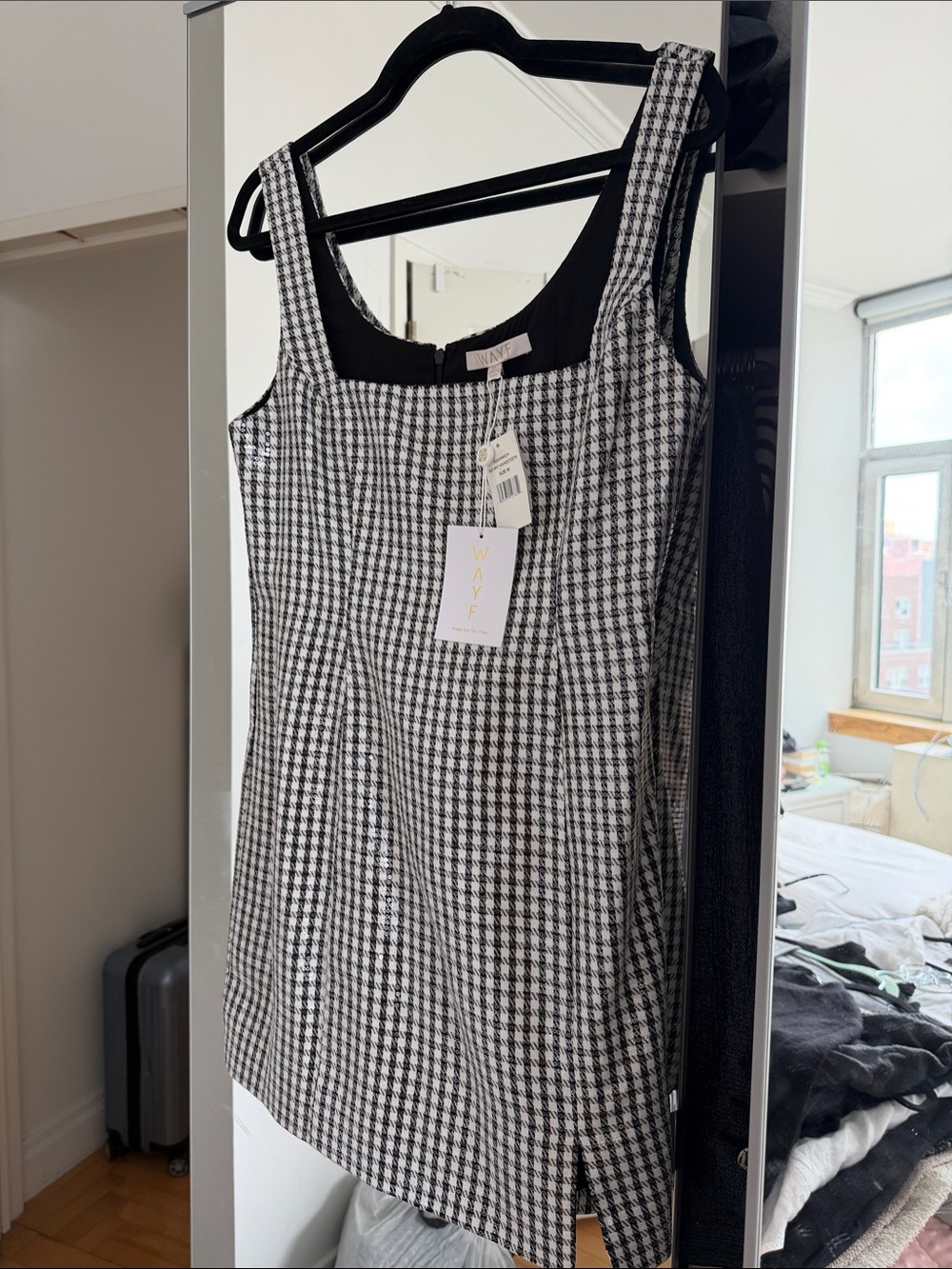 NWT Wayf Black and White Houndstooth Square-Neck Mini Dress